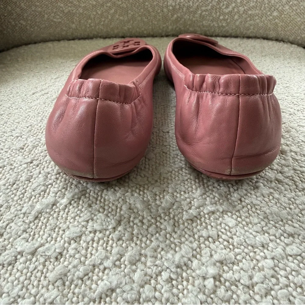 Tory Burch Reva Ballet Flats Peony Pink Logo Medallion Scrunch Back - Picture 7 of 9